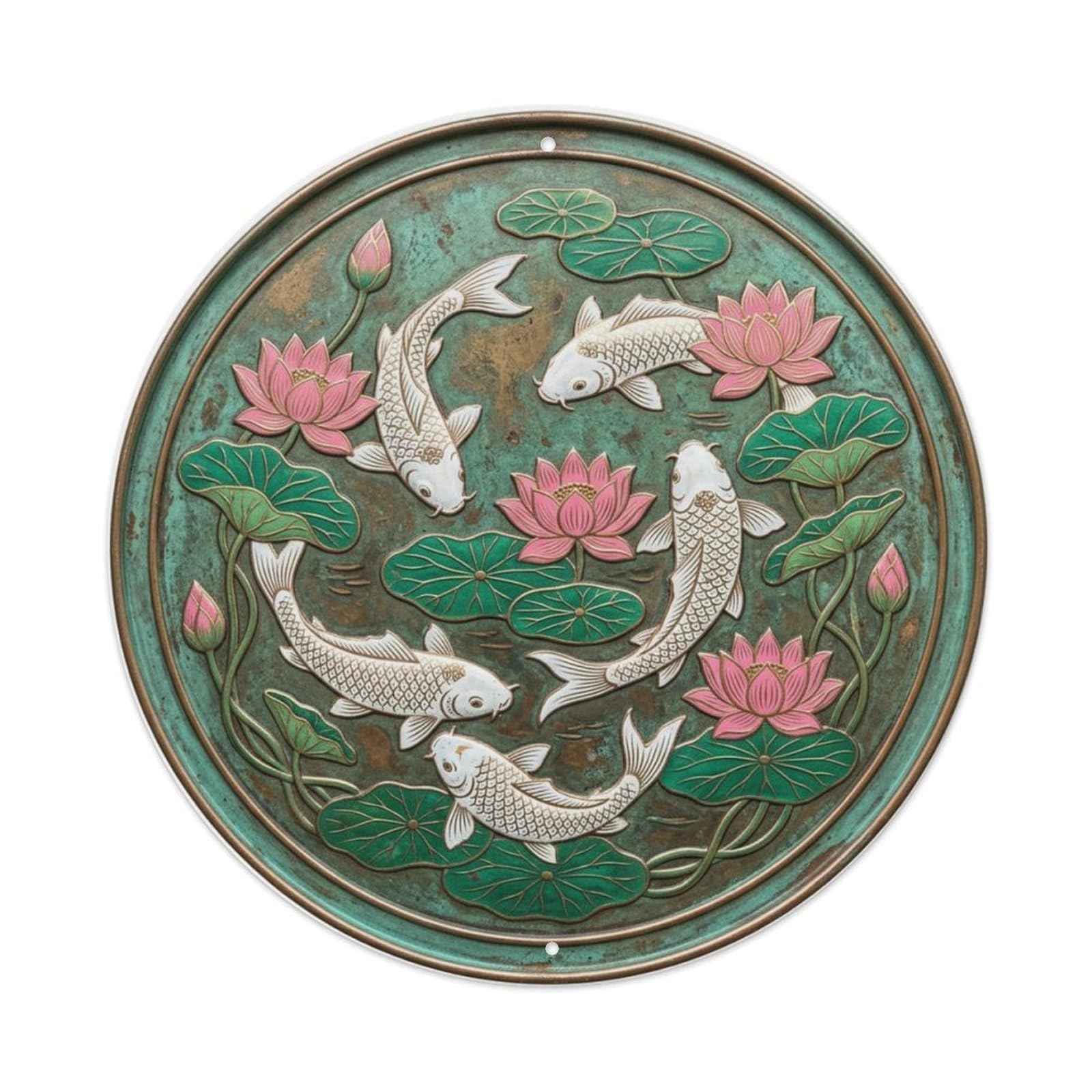 Lotus Pond Meditation Koi Fish Metal Tin Sign Plaque Wall Decor for Cafe, Club Bar, Office, Home Garden Round Metal Poster 8x8Inch