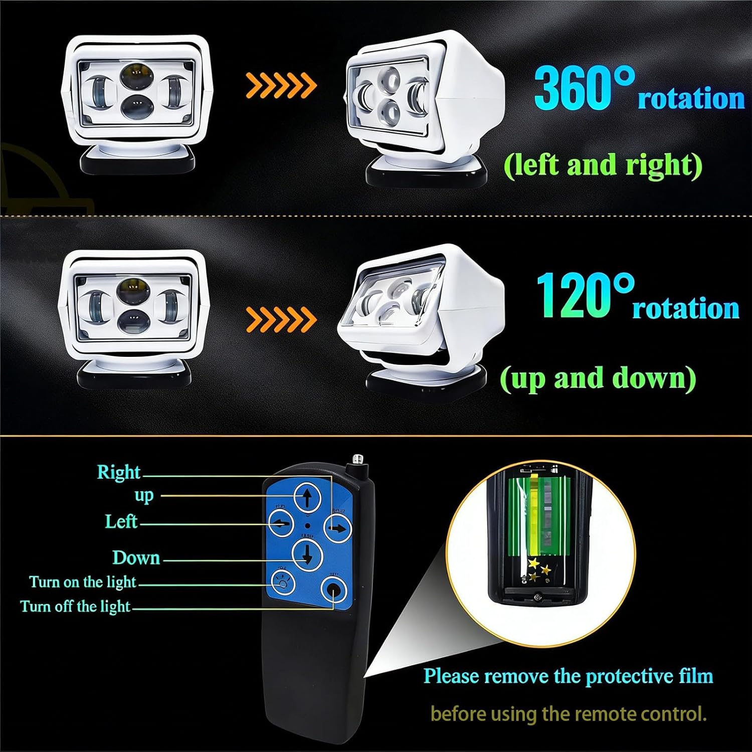 Wireless Vehicle Searchlight,Rotatable Spotlighting， 120W LED Rotating Spotlight with 360° Swivel Remote Control Magnetic Base for Truck Off Road Boat Outdoor Work Use