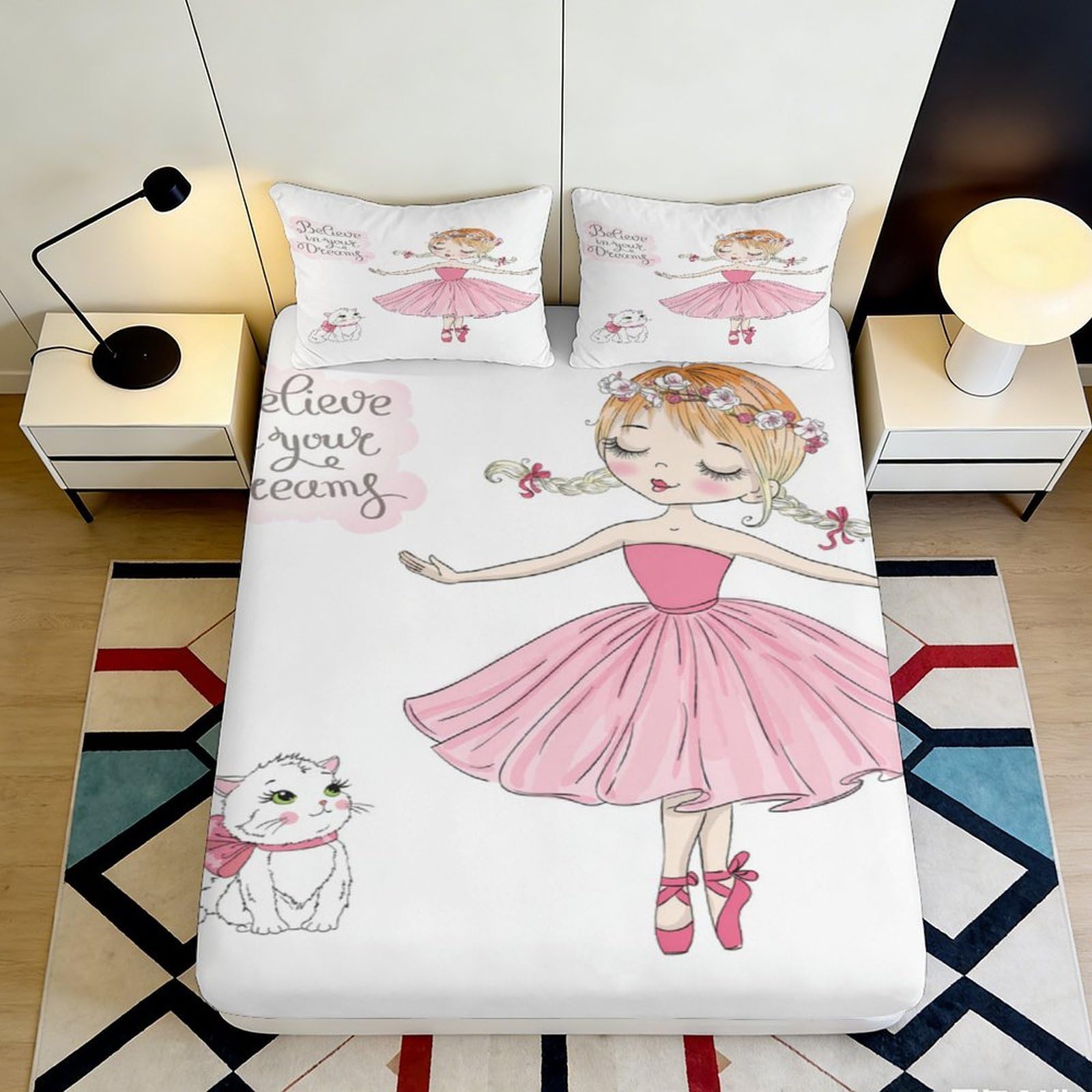 3D Printed Cute Ballerina Fitted Sheet Microfiber Soft Breathable Girl Pattern Bed Cover for Bedroom Dormitory Guest Room Mattress Protection 200x200x25cm