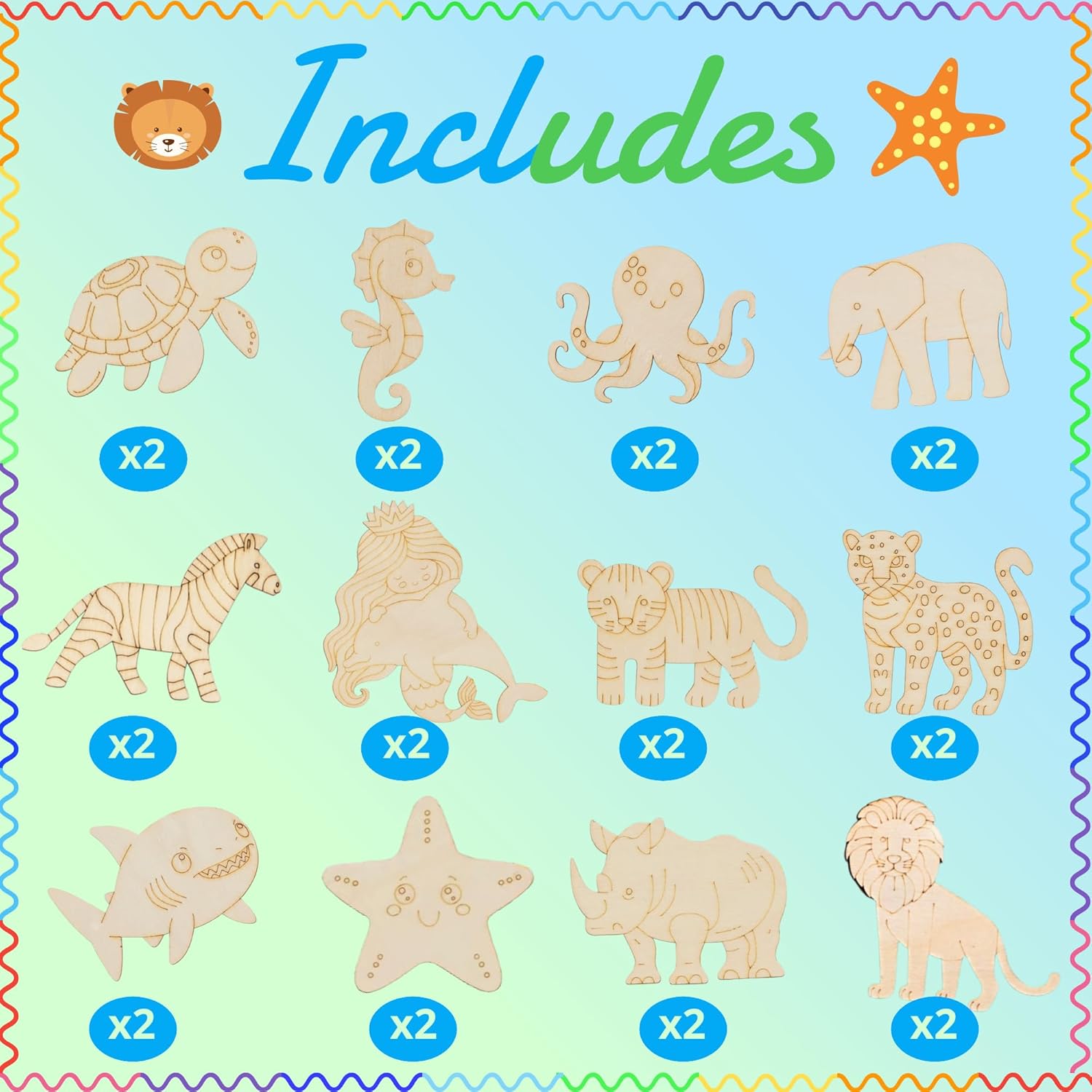 GEECOZYLIFE Animals Wood Crafts - 24 Pcs Safari & Under the Sea Wooden Animal Painting Kits with Word Search Cards - Classroom Birthday Gifts, Goodie Bags & School Rewards Crafts