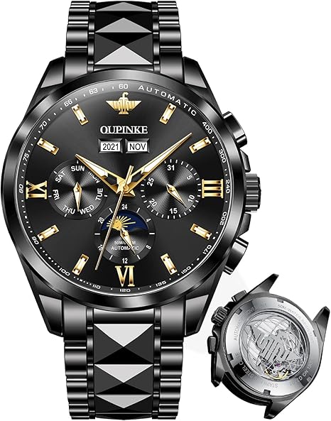 Amazon Oupink 腕時計 メンズ かっこいい 黒文字盤 デイナイト スケルトン ブラック 自動巻き サファイア 夜光 5気圧防水 タングステン鋼 メンズ腕時計 腕時計 通販