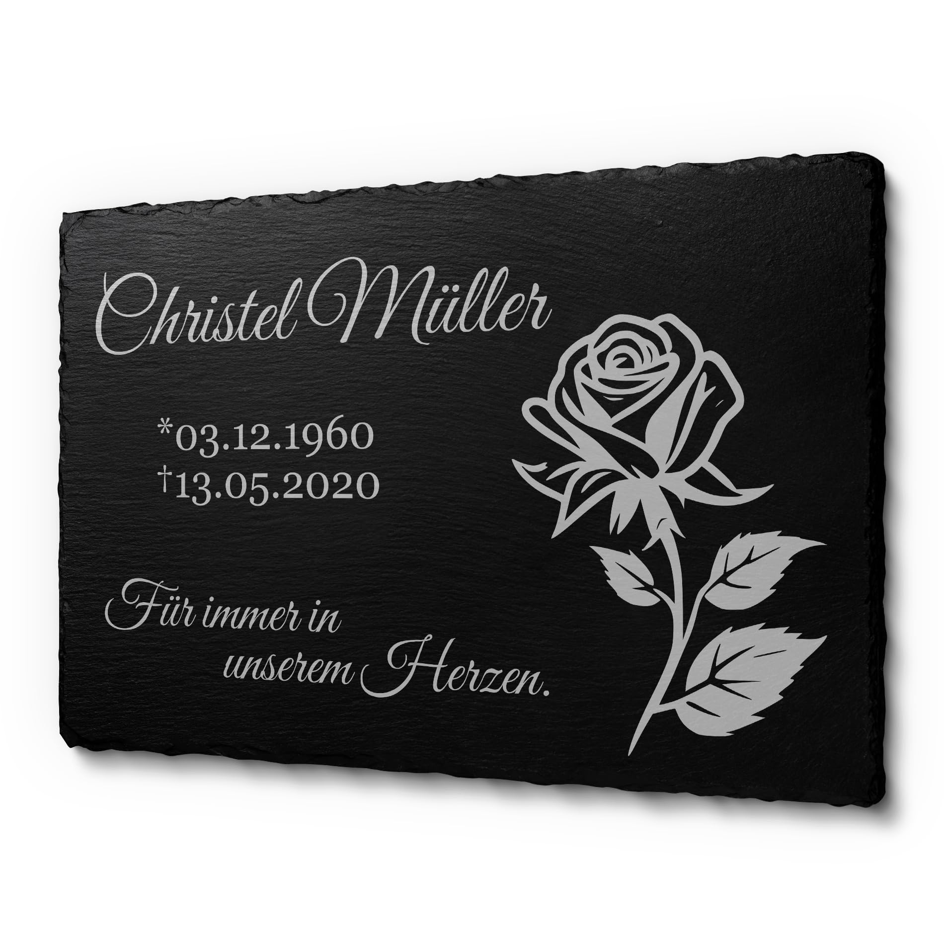 Grabplatte für Menschen mit Gravur - Schöne Grabtafel in 22x14 cm oder 30 x 20 cm - Grabstein aus Schiefer für Grab Urnengrab - Grabschnuck wetterfest Rose