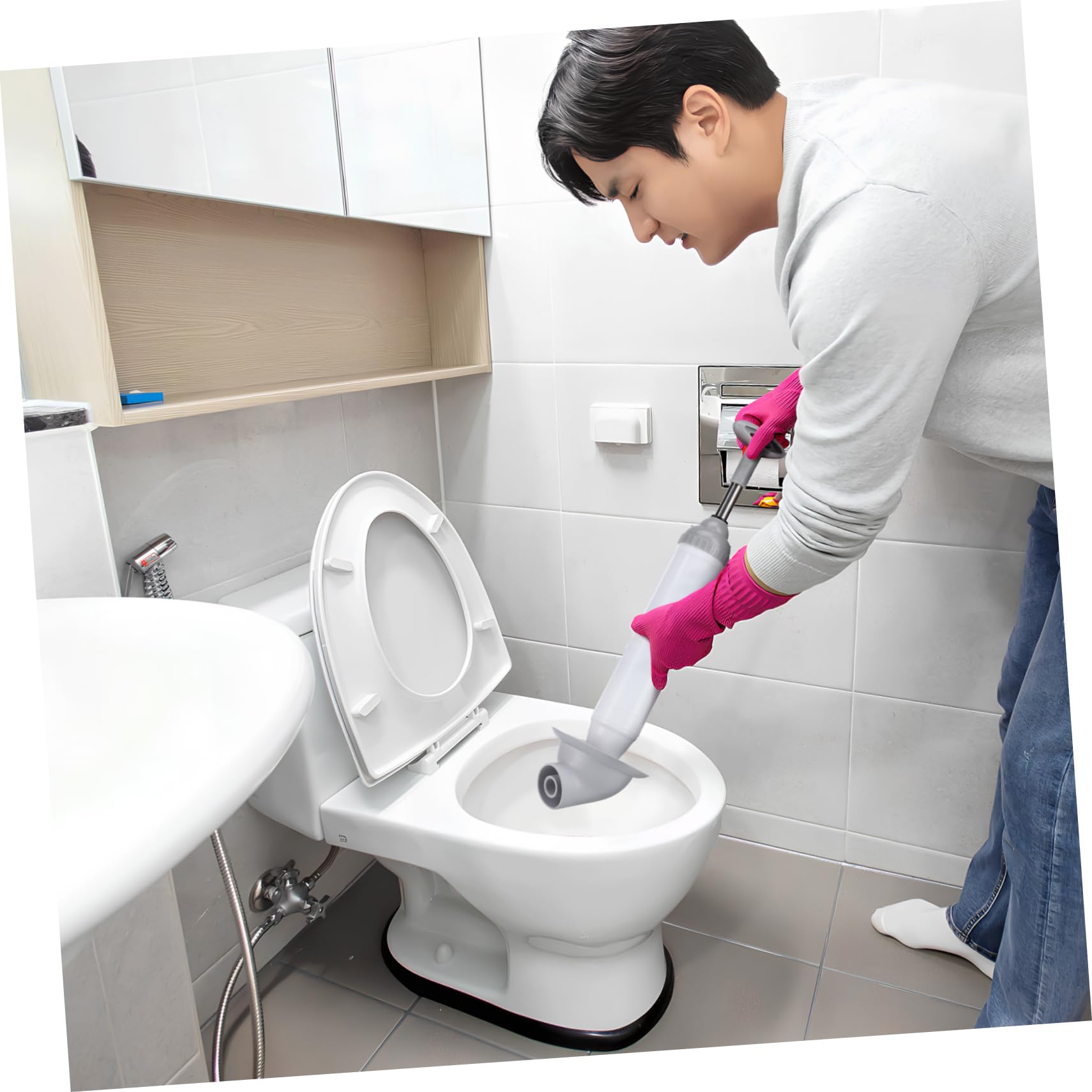 SHINEOFI Sturalavandini per WC a Pressione, Sblocco Rapido per Scarichi e Lavandini, Testa Curva, Struttura Robusta in Acciaio Inox e Pp, Bagno e Cucina