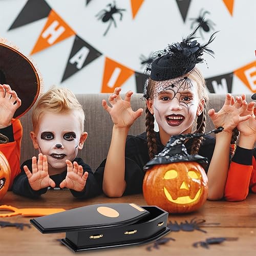 Miniatura 7 de MAGICLULU 1 caja de anillo de ataúd de madera para Halloween, decoración de ataúd negro, caja de dulces espeluznante para fiesta