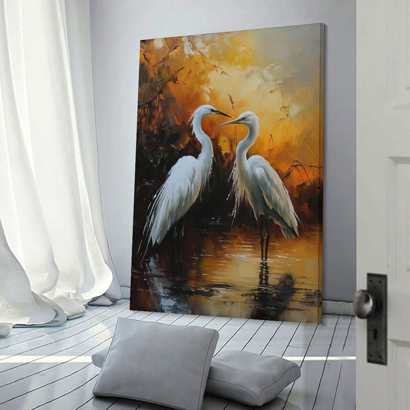 Junmoney Two Herons in Pond Canvas Wall Picture 20x30inch(50x75cm), for Entryway, Lounge Links Or Small Walls, Decorative Canvas Styling for Entry Areas
