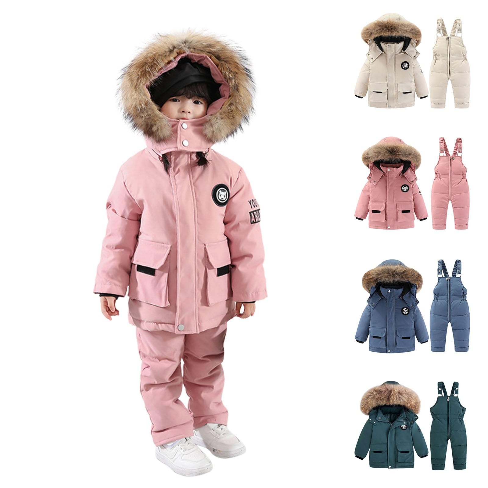 Enfant Combinaison de Ski Hiver Chaud Bébé 2 Pièces Doudoune à Capuche Zippé Manteau avec Neige Bavoir Salopette Pantalon Garçons Filles Combinaisons de Neige Imperméable Coupe-vent 1-6 Ans