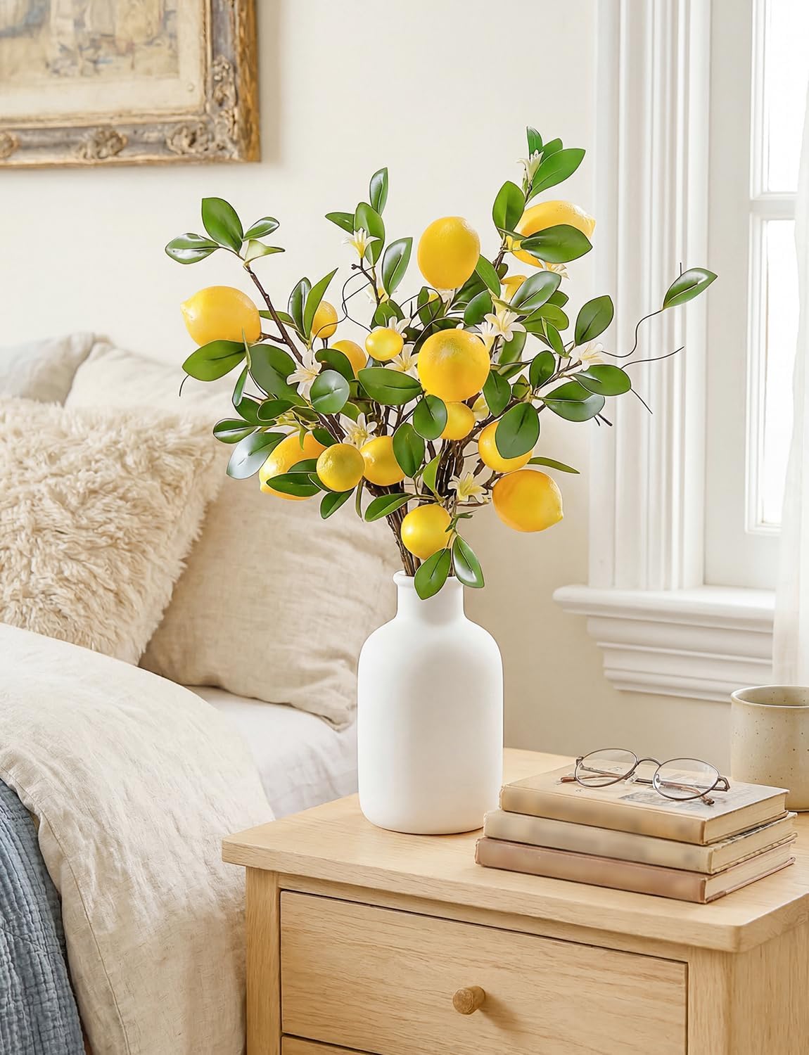 4 Bunches Artificial Lemons Branches, 32 Head Fake Lemon Branches with Artificial Lemon Fruits for Decoration in Vases, Home and Farmhouse Party Table Centerpiece Decor