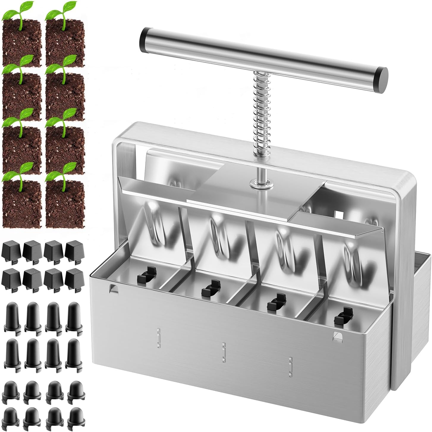 Soil Blocker, 8 Cell Soil Block Maker 2 Inch with 3 Sizes Seed Pins, 2024 Seed Handheld Block Maker with Comfortable Handle, Garden Blocking Tools for Seedings, Cuttings, Greenhouses