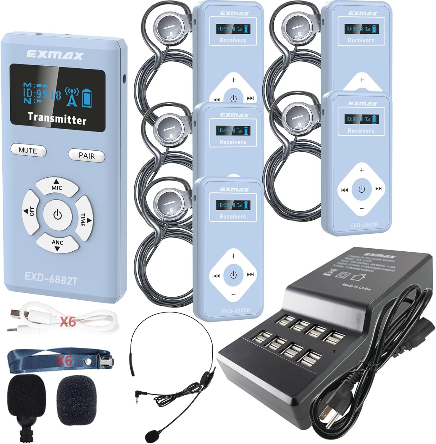EXMAX EXD-6882 Wireless Tour Guide Audio Voice Transmission System with Microphone Earphone for Church Translation Conference Presentations(1 Transmitter 5 Receivers 16-Ports Charging Base)