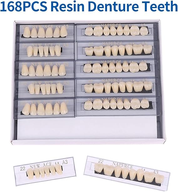 168 Pieces False Teeth Dental Complete Acrylic Resin Denture Teeth, Whole Teeth Synthetic Polymer Denture Tooth 23 Shade A3 Upper + Lower Dental Materials