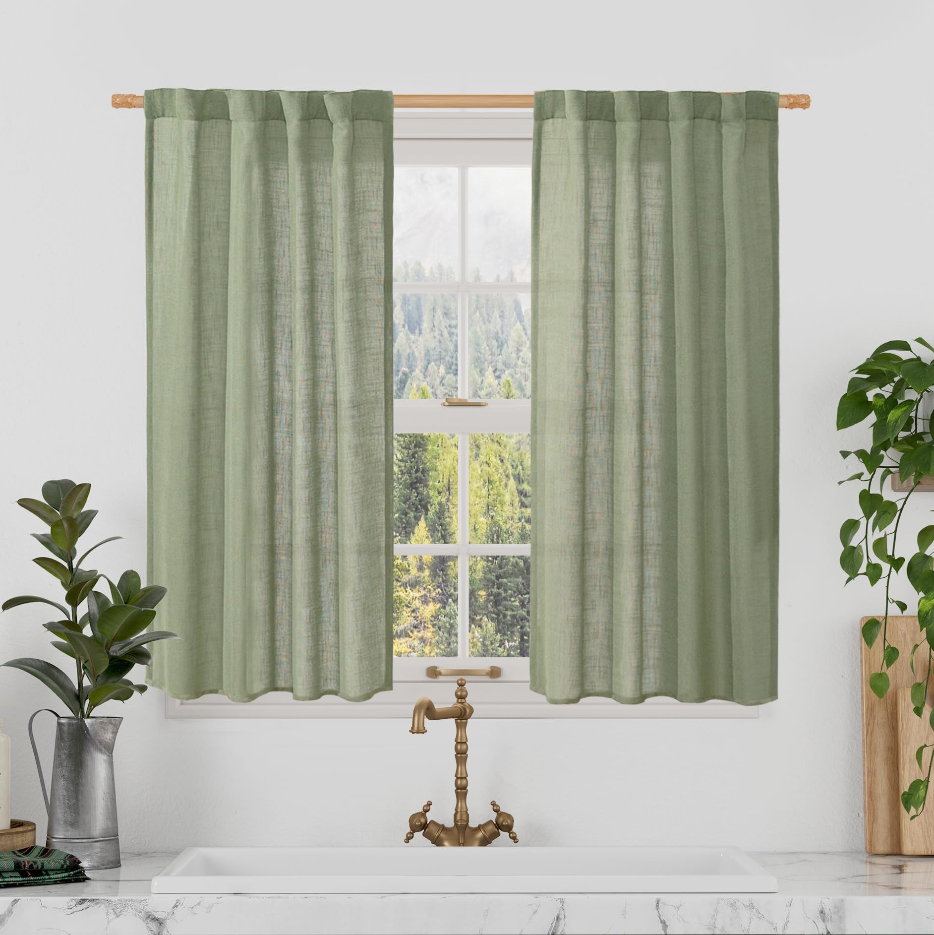 LAMIT Semi Sheer Linen Curtains 40 Inch Length for Cafe Small Windows