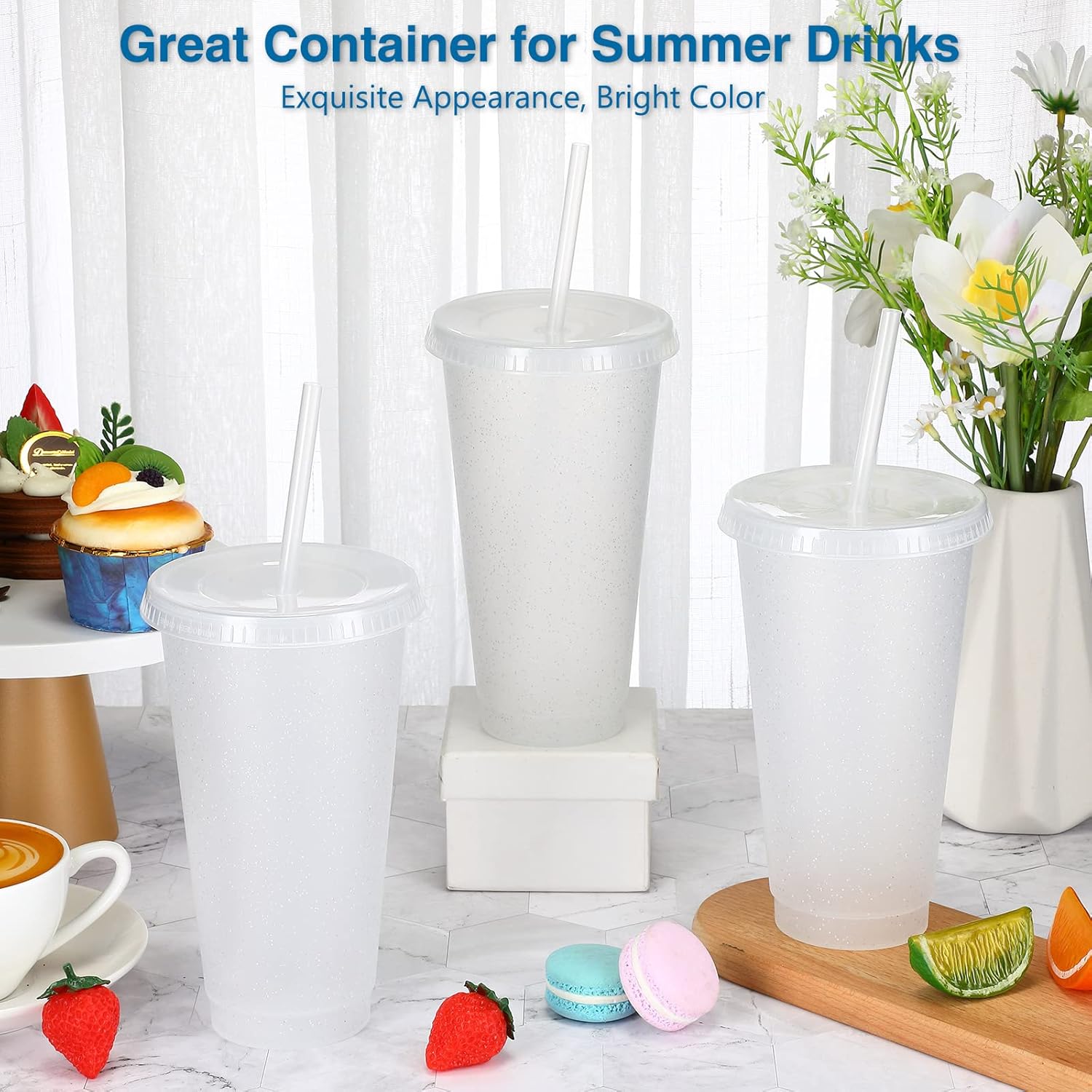 Amyhill 12 Pcs Reusable Glitter Cups with Lids and Straws 24 oz Plastic Tumbler Iced Coffee Cup Travel Mug for Smoothie Juice Birthday Sleepover Party Supplies for Valentine Girl(Clear) - Image 4