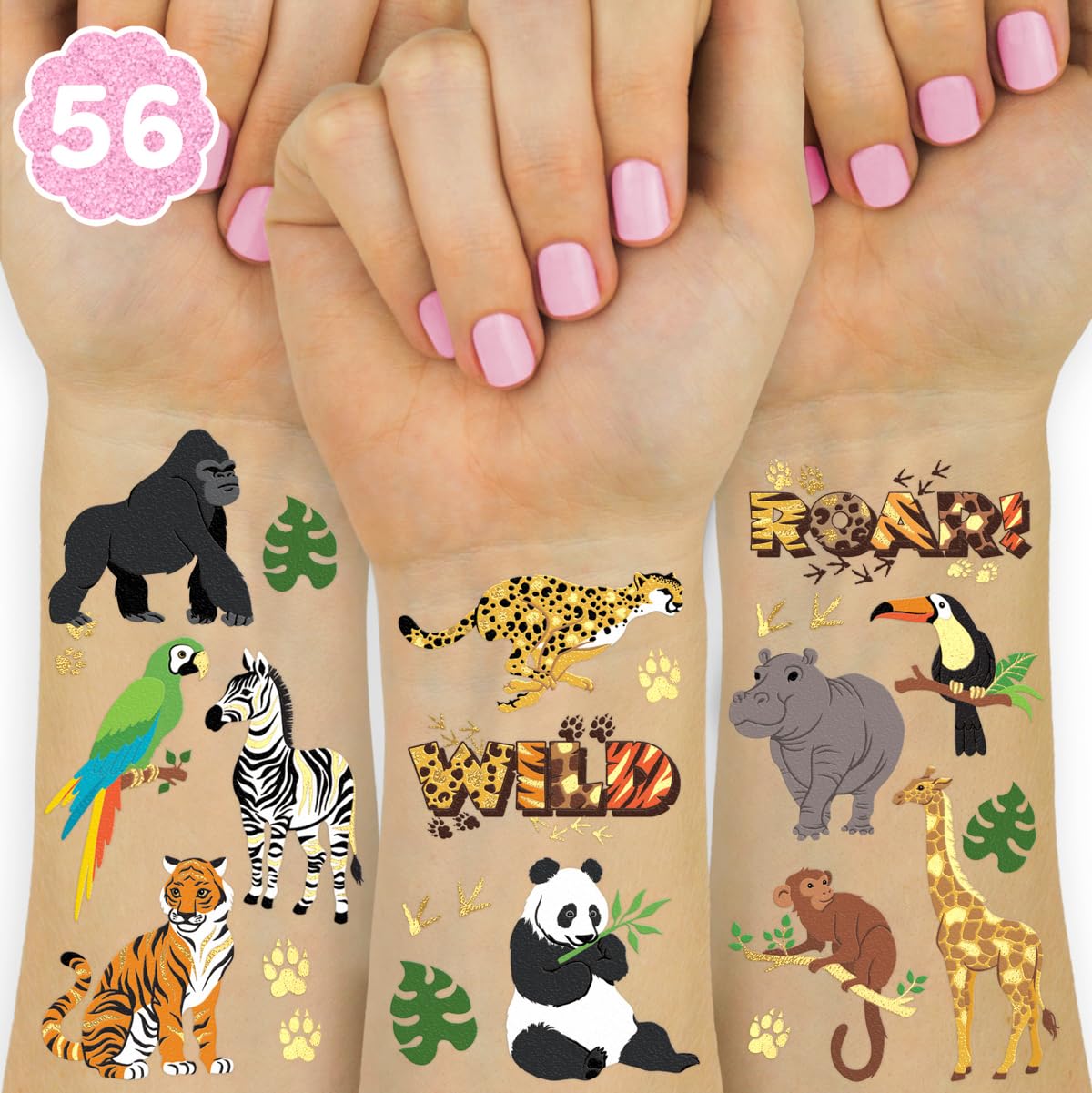 xo, Fetti 56 Jungle Animals Temporary Tattoos - Gold Foil Pcs | Wild Birthday Accessory, Safari Bachelorette Party Favor, Cute Kids Zoo Activity