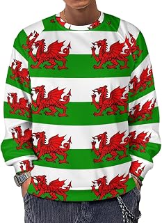 Welsh Flag Wallpaper Men's Sweatshirts Basic Crew Neck Long Sleeve Pullover Sweater Tees Tops