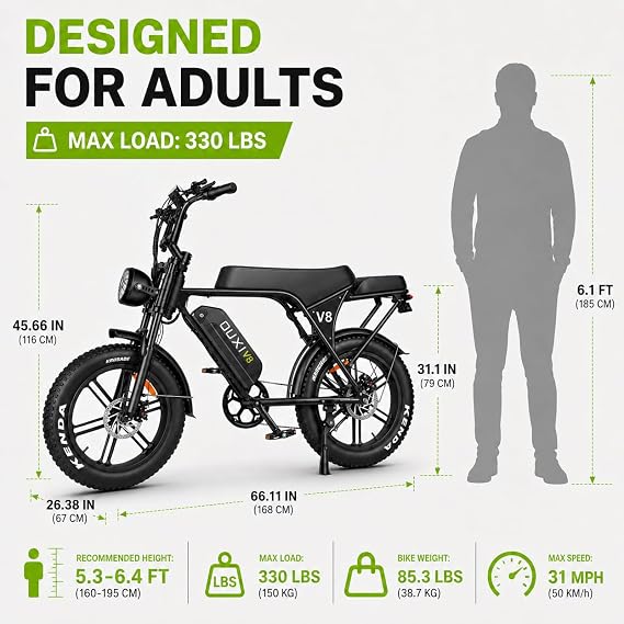 OUXI V8 Electric Bike for Adults/Teens, 16/20 Fat Tire E Dirt Bike 36V/48V | 10.4/15/30AH Removable Battery, 35-60 Miles Ebike with UL2849 Certified