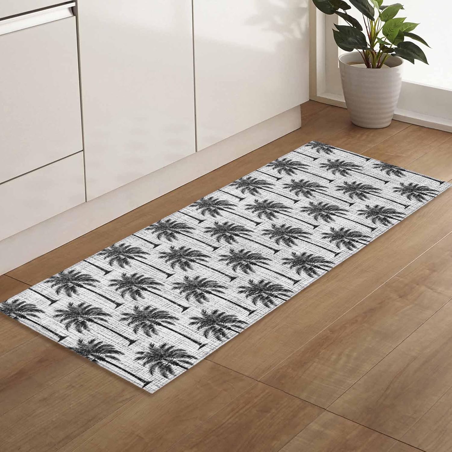 Kitchen Mats for Floor Tropical Black Palm Trees Washable Non Slip Kitchen Rugs 1PCS, Retro Gray Linen Texture Absorbent Standing Mats for Sink Bathroom Office Living Room 23.6x70.9in