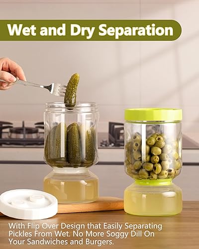 Miniatura 4 de ZENS Tarro de vidrio para pepinillos con colador, paquete de 2 tarros de reloj de arena de oliva, separador hermético de jugo de pepinillos de