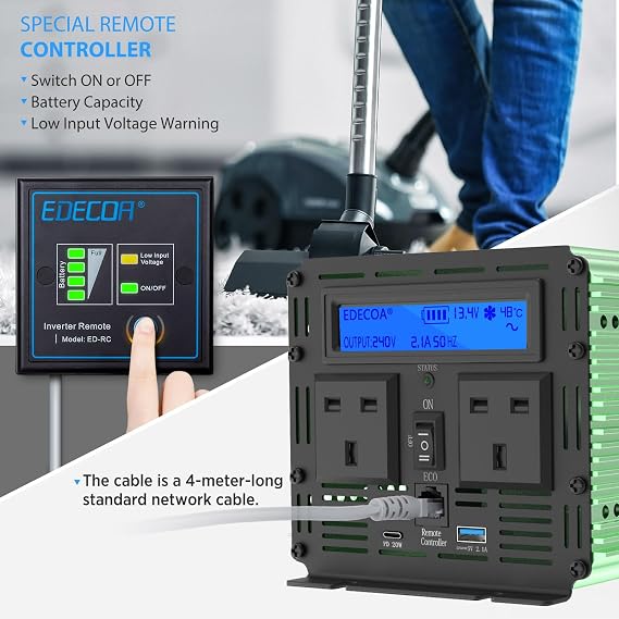 EDECOA Pure Sine Wave Power Inverters 12V to 240V 1500W Car Inverter 3000W Peak Solar Inverters with New LCD, Remote Controller, LED Indicator,USB Port and USB-C