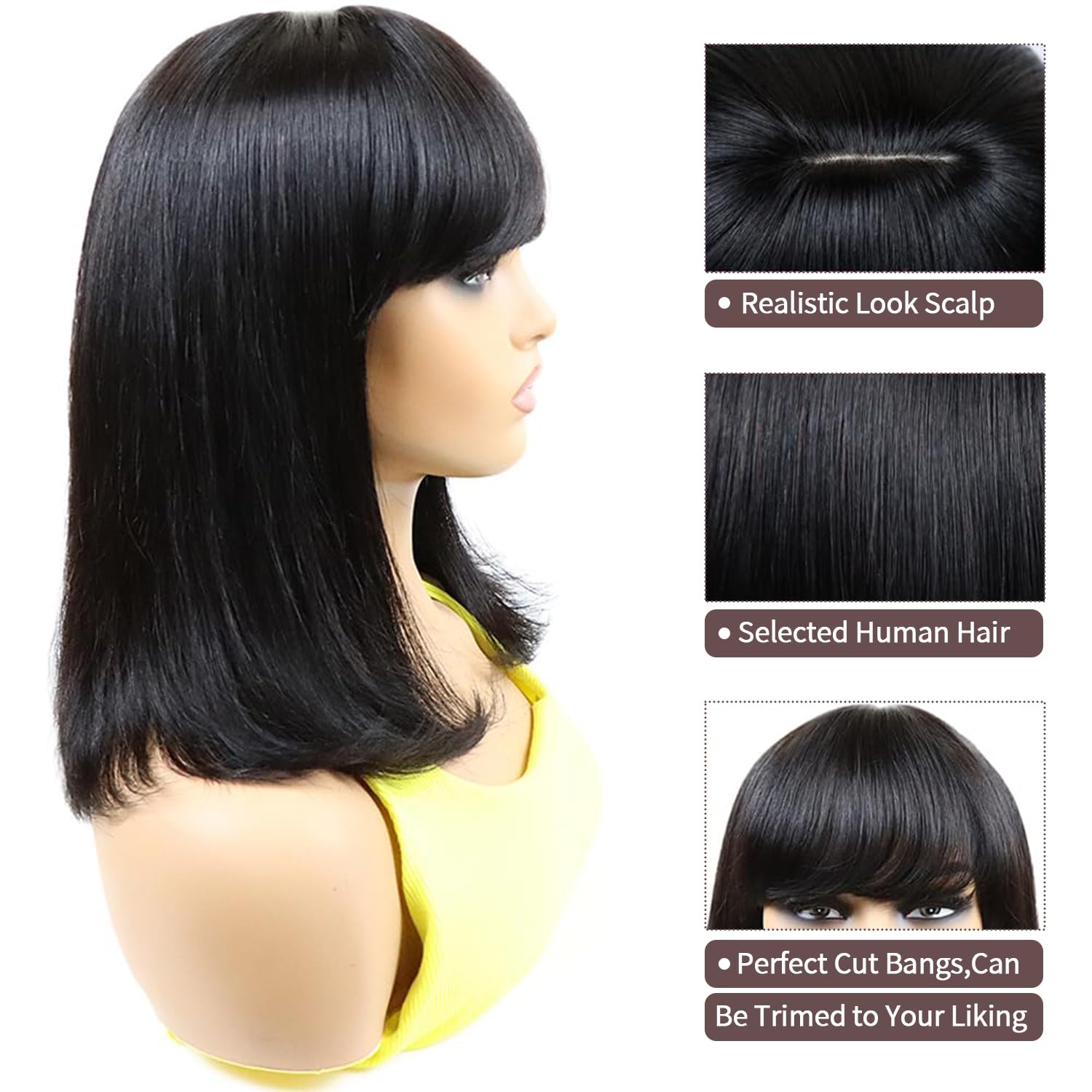 Datanala Bob Wig with Bangs 12Inch Human Hair 3x1 HD Lace Glueless Wigs Blunt Cut Silk Bob Wig Wear and Go Breathable For Black Women(Short Bob With Bangs/New) - Image 3