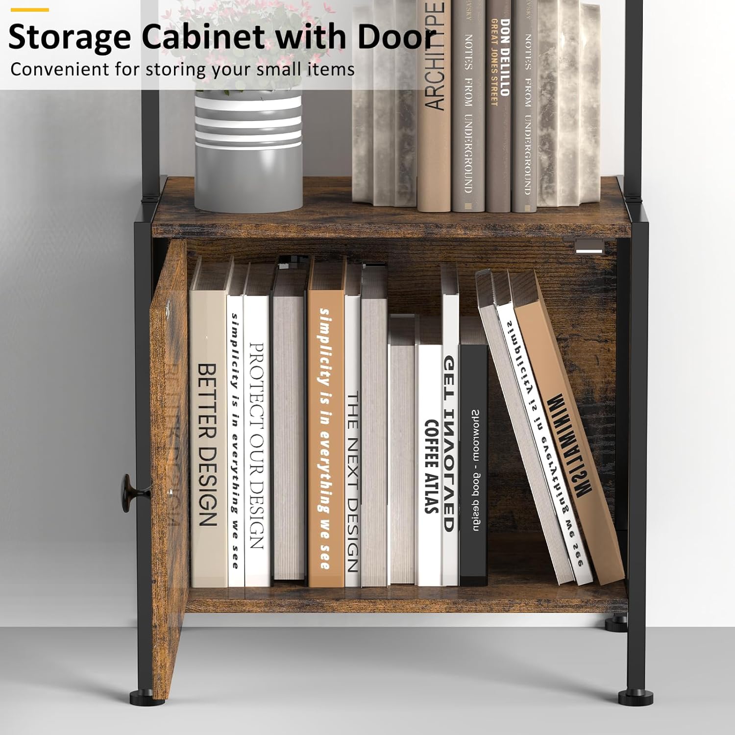 Shinoske Ladder Bookshelf,5 Tier Book Shelf with Storage Cabinet,Wall Mounted Industrial Bookcase for Small Space,Metal Frame,Tall Display Shelf for Living Room,Corner,Bedroom,Office,Brown - Image 6