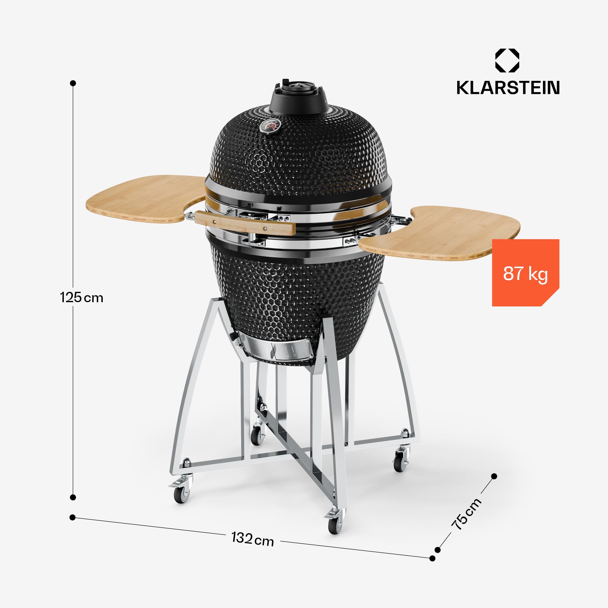 Klarstein Kamado-Grill - zum Grillen, langsamen Garen, Smoken oder Backen, abnehmbare Seitenteile, Keramik, Edelstahl, Bambus, Thermometer von 0-400 °C, 3 Rollen, 75 x 132 x 125 cm, schwarz