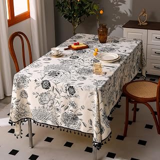 F-CHU Floral Tablecloth with Tassels Cotton Linen Table Cloth for Restaurant, Indoor and Table Cover Home Decoration,Rectangle Tablecloths 60 x 120 Inch（Black