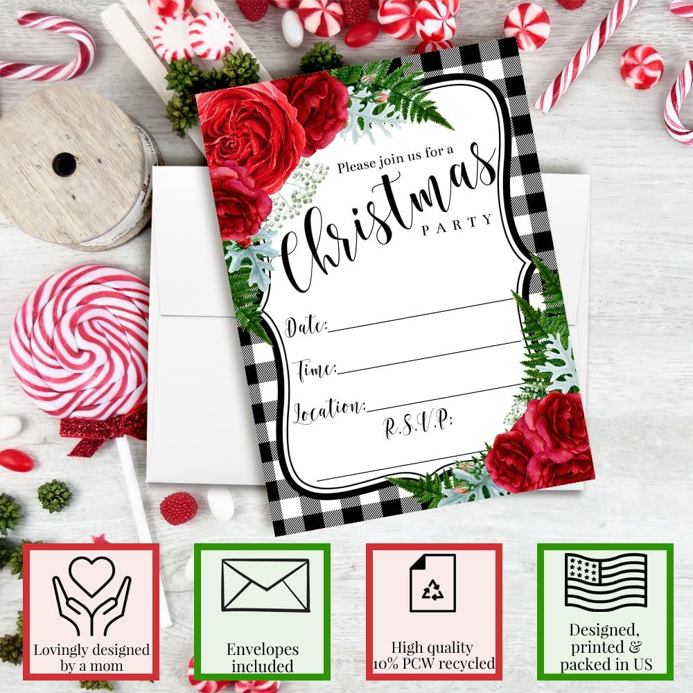 Christmas Invitations with Envelopes – Watercolor Red Floral With Greenery Christmas Holiday, 20 Pack 5x7 Double Sided Fill-In Invite Cards with Twenty White Envelopes Perfect for Holiday Parties