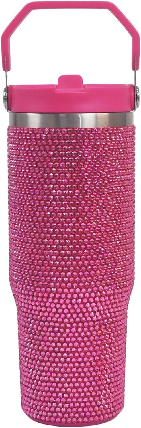 30 oz Rosy Bling Rhinestone Stainless Steel Sippy Tumbler Glitter Vacuum Insulated Thermal Water Bottle with Flip Straw & Lid &Handle, Leakproof Sparkly Car Cup Holder for Drinks & Coffee