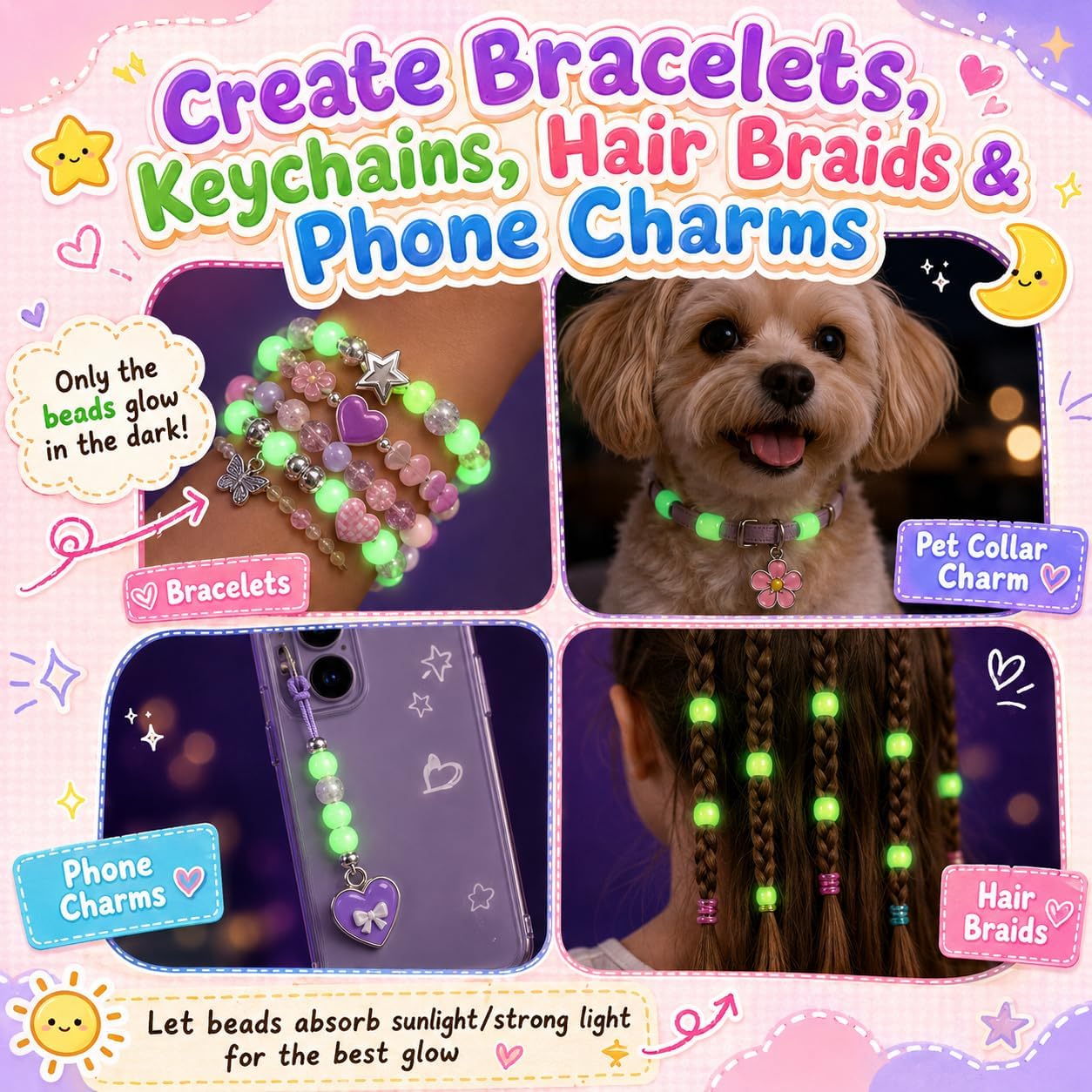 6 Boxes Bracelet Making Kit Pony Beads, 6x9mm Kandi Rave & Hair Beads Set with UV Color Changing, Glow-in-Dark, Alphabet Letters for Friendship Jewelry DIY Crafts