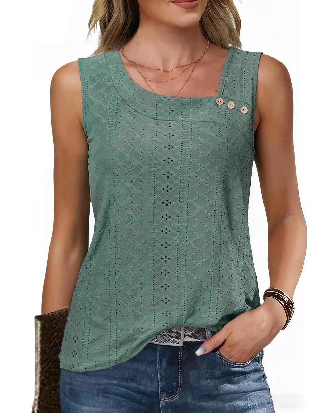 Tanmolo Damen Tanktop Sommer Ärmelloses Tops Frauen Tank Top mit Asymmetrischem Eckigem Ausschnitt Leichtes Oberteil