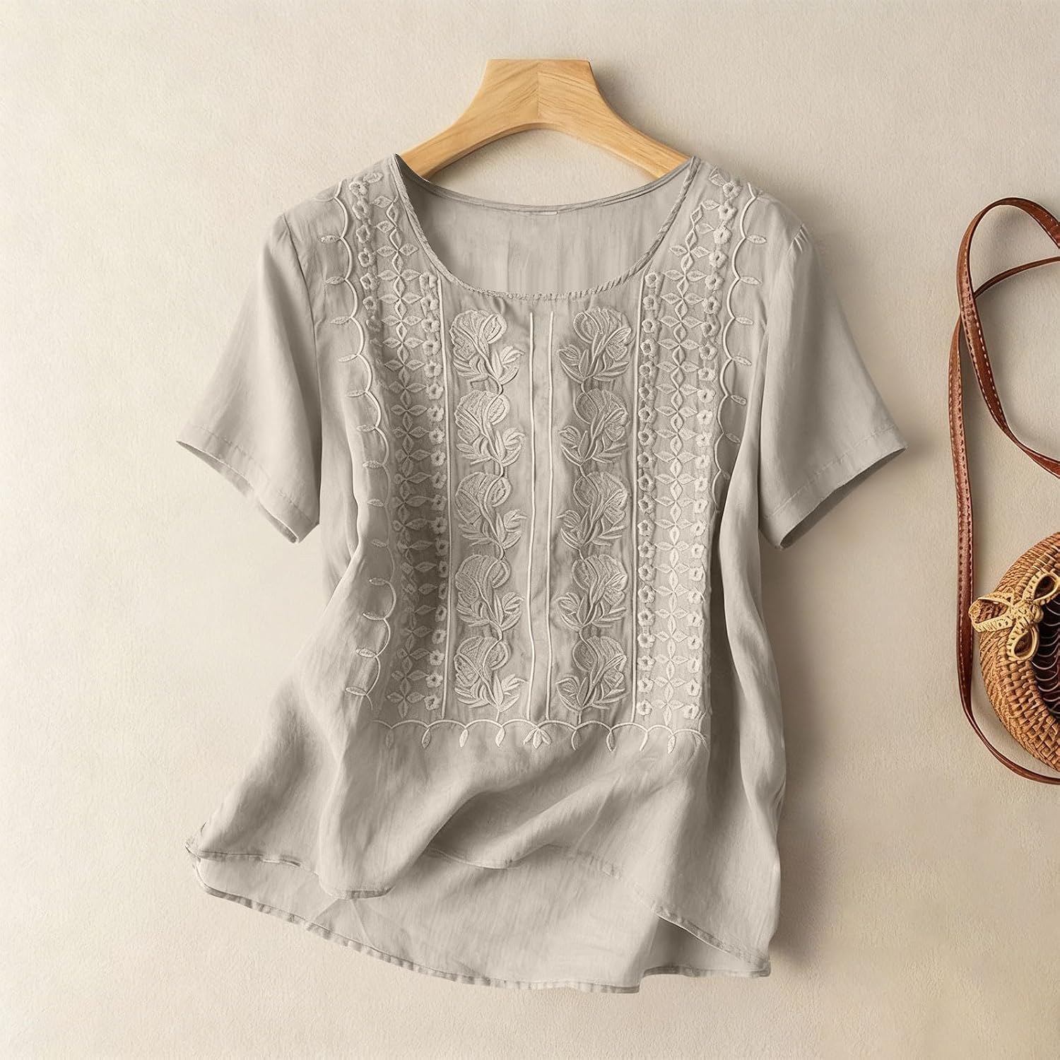 Womens Cotton Linen Summer Tops Casual Crewneck Short Sleeve Embroidered T-Shirts Fashion Beach Tees