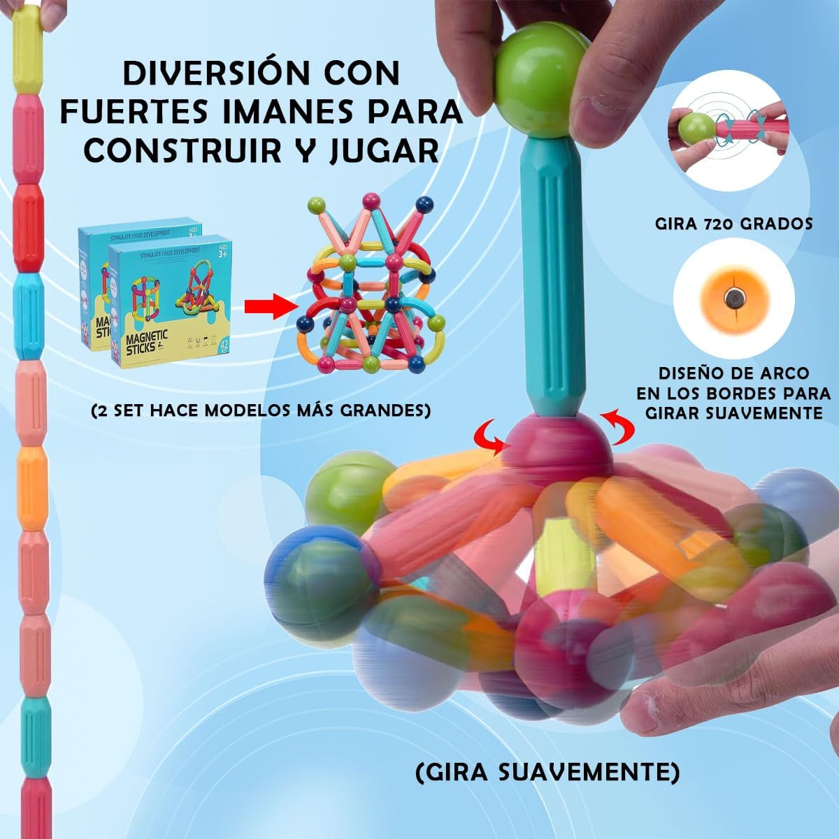 🟠3D bloques de construcción magnéticos:El juego consta de 12 piezas de bolas de metal (bolas de aproximadamente 3.5cm de diámetro),12 piezas de varillas largas,12 piezas de varillas cortas y 6 piezas de varillas dobladas,42 piezas en total.También viene con una guía de diferentes diseños,desde modelos fáciles hasta difíciles,los niños no se aburrirán fácilmente.Los juego de imanes son ricos en color,de tamaño adecuado,no son fáciles de tragar y son adecuados para que los niños los agarren.
🟢Stem juguetes educativos para niños:El conjunto de construcción magnética se puede utilizar para juegos creativos abiertos,lo que ayuda a mejorar las habilidades de ciencia,tecnología,ingeniería y matemáticas de los niños;desarrollar su capacidad de coordinación mano-ojo,conciencia del espacio visual y habilidades motoras finas,Aumentar su paciencia.Los niños pueden mejorar su capacidad de pensamiento lógico,creatividad y habilidades de resolución de problemas mientras juegan con este juguete.
🟡Material seguro y de alta calidad: El juegos magneticos para niños está hecho de ABS e imanes de alta calidad, los imanes son de neodimio natural que no es fácil de desmagnetizar, las ranuras internas evitan que los imanes fuertes queden expuestos, es duradero, seguro y no tóxico, los bordes son suaves y sin rebabas, que no tenga que preocuparse por rascarse las manos de los niños.Lo que las hace seguras para el uso adecuado de este juguete.
🟣Modelos 2D Y 3D:El juguetes magnética construcción tiene un fuerte magnetismo, fácil de conectar y desconectar, utiliza imanes para conectar las diversas formas: bolas, medialunas y secciones rectas para diseñar objetos. los niños se sentirán atraídos por el efecto visual de la conexión de palos magnéticos y bolas magnéticas,este juego fomenta su creatividad y diseño de bricolaje, les permite usar su imaginación para construir objetos, números, animales, edificios y mucho más.