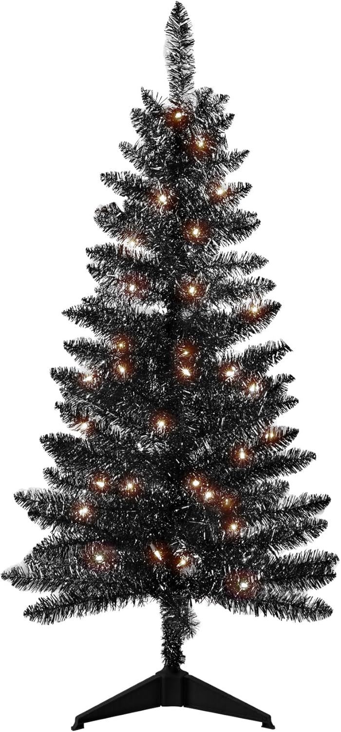 4ft Pre-lit Black Christmas Tree, Leeheeyee Memory Wire Technology 4ft Christmas Tree, Black Halloween Trees with Lights, Dense Branches Realistic Xmas Décor, Easy Assembly