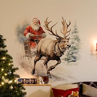3D Christmas Reindeer Pulling Santa's Sleigh Wall Decal - Removable Tree...