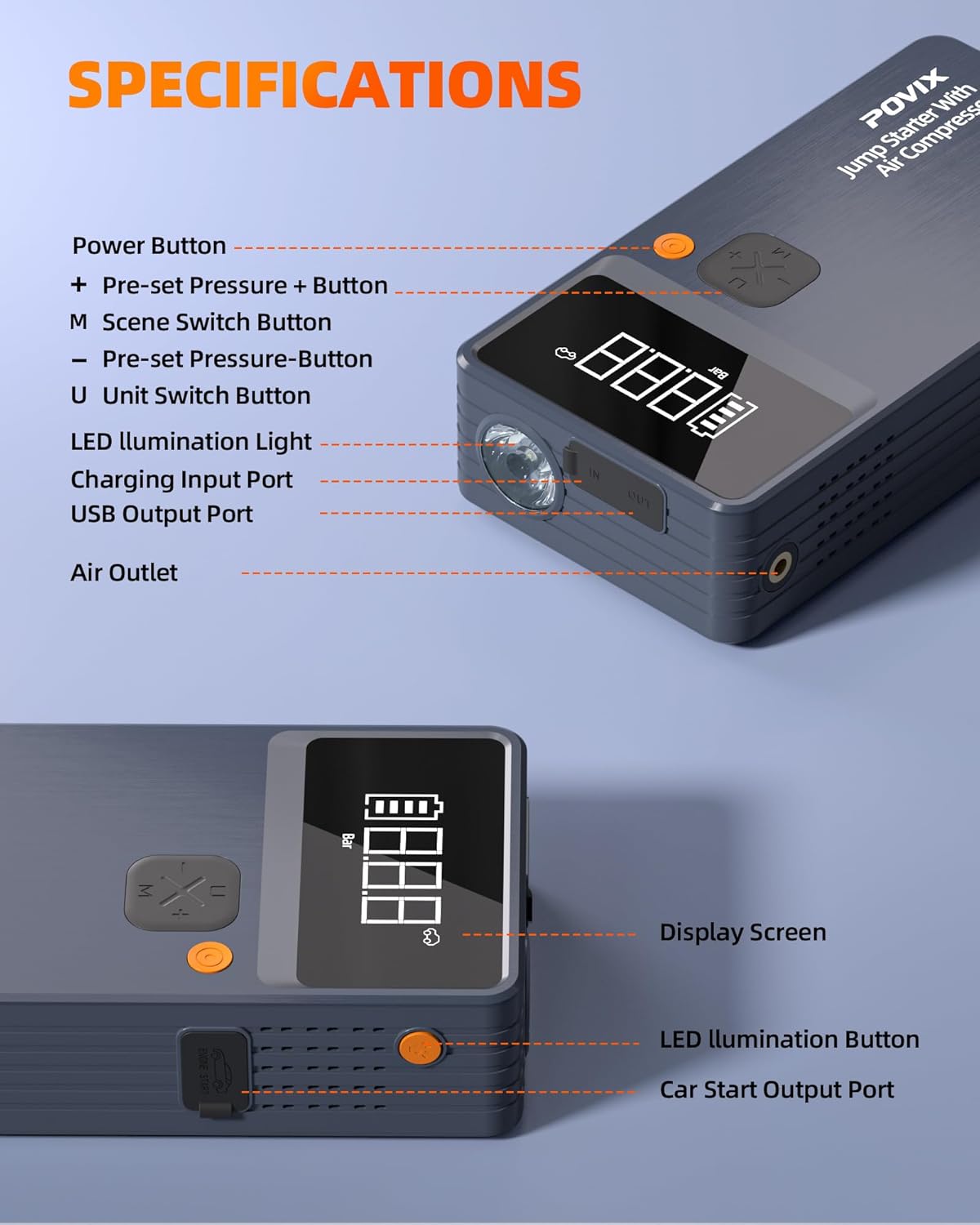 Car Battery Jump Starter with Air Compressor,8000mAh Battery Jump Box with Tire Inflator,Jump Booster with Smart Jumper Cables,LED Light Emergency Kits for Vehicles,Arrancador Ae Batería