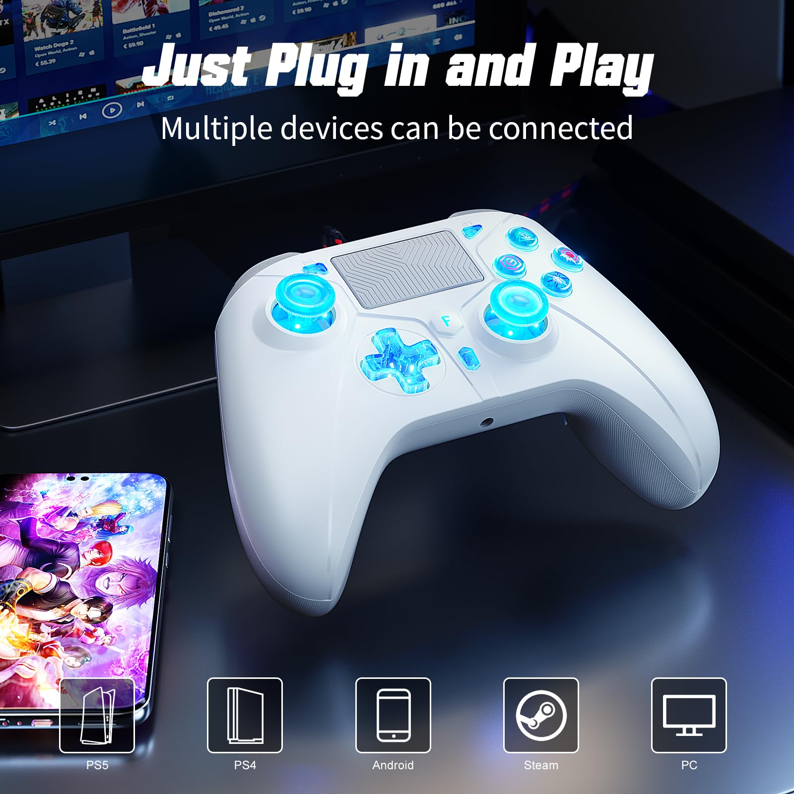 Gamrombo RGB Wired Controller für PS5/PS4/PC, Kabelgebundener Gamepad mit Makro, Turbo, Touchpad, Dual Vibration, 6-Axis Sensor, 3,5mm Audio, LED Lighting