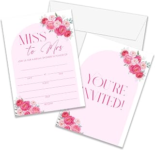 25 Bridal Shower Invitations, 5"×7" Miss to Mrs Invites with Envelops for Bridal Shower Party Decorations & Supplies - Pink Floral (A07)