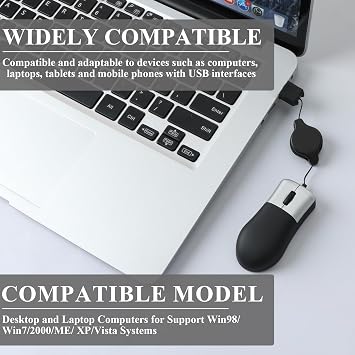Mini Travel Mouse Retractable Cable Wired Usb for Windows Thinkpad Hp Dell Lenovo Sony Asus Acer Tablet Pc Laptop Apple Mac, Black and Silver Adjustable Optical Mouse Small Mini Sleek Portable