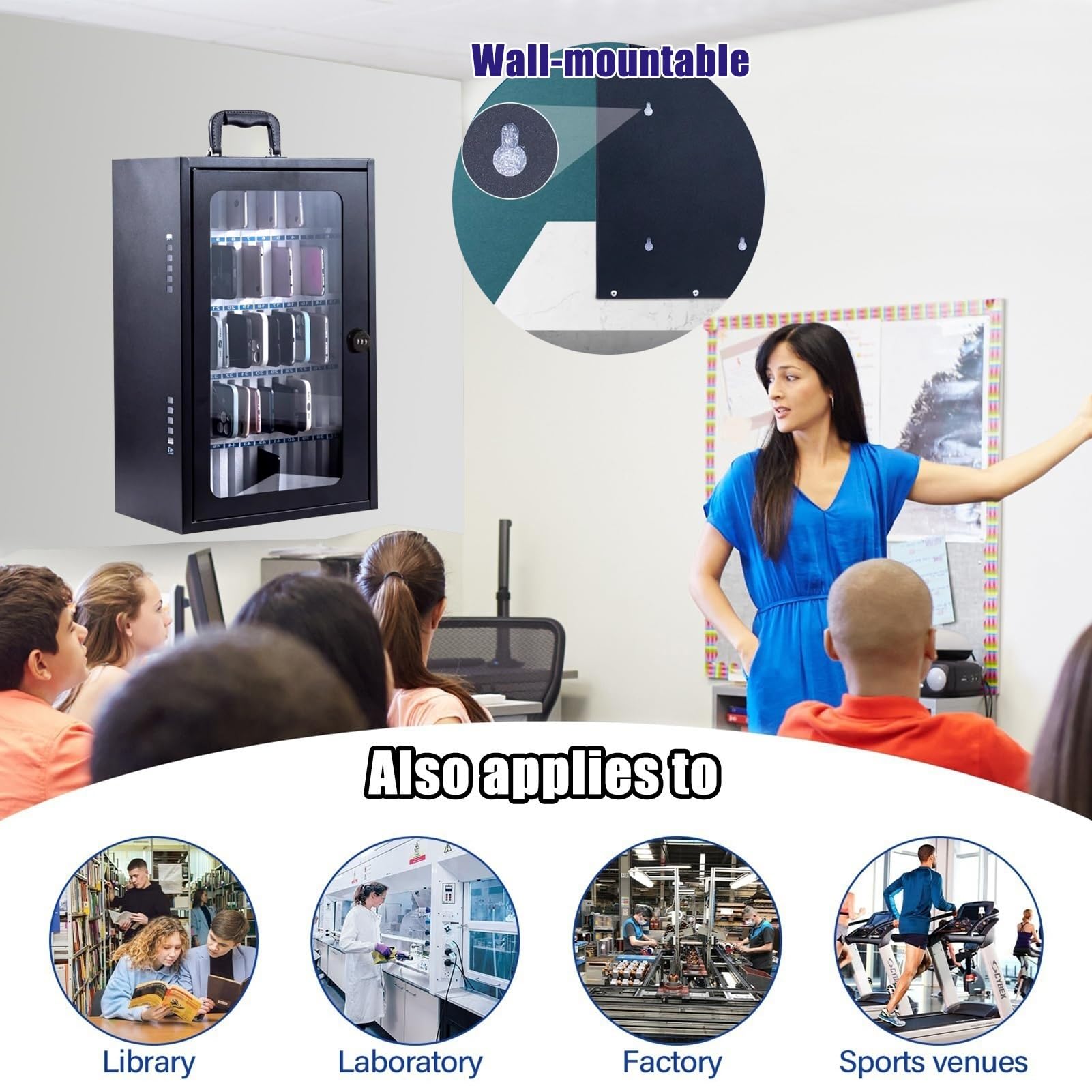 Gabinete de acero montado en la pared para teléfono con 12 carros para escuela y negocios, soporte para dispositivos, diseño seguro de cuadrícula de varios números