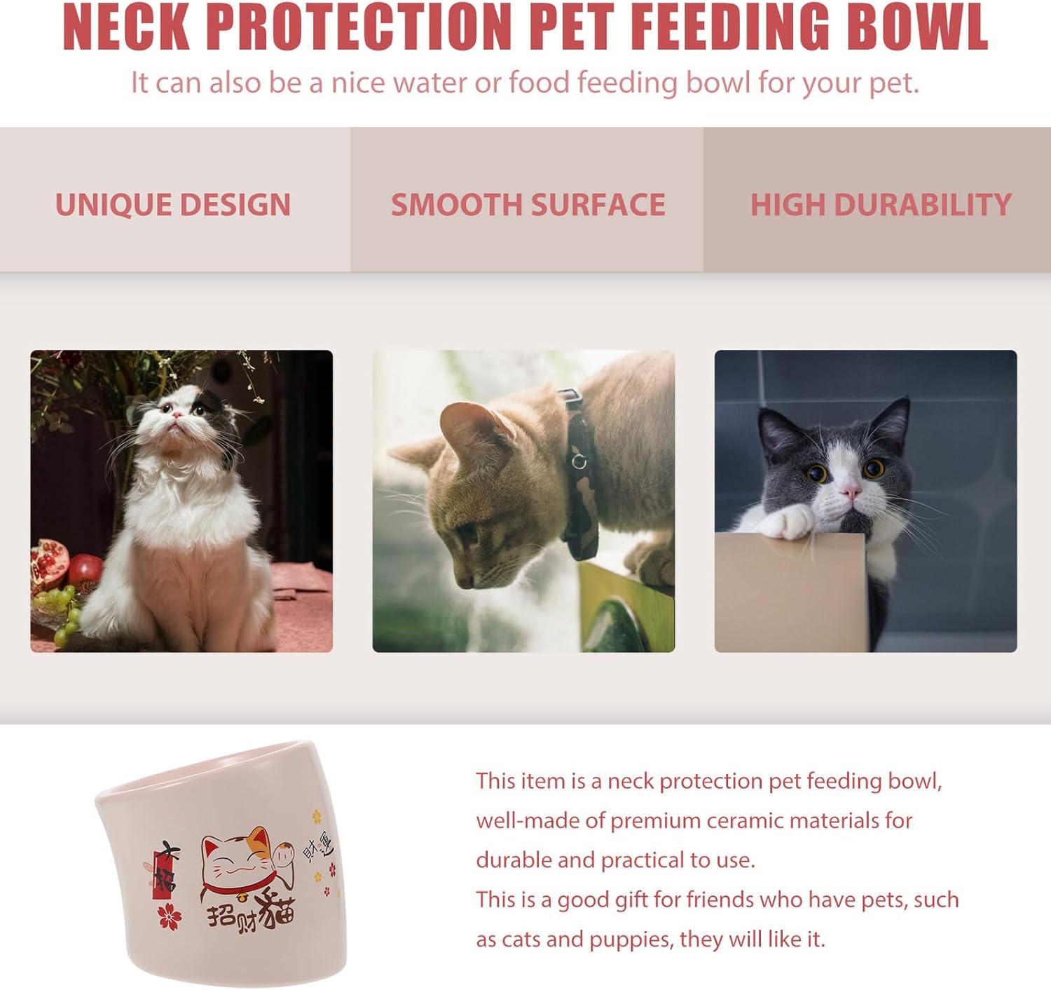 UPKOCH Elevated Anti-tip Ceramic Cat Bowl Pink with Neck Protection Kitten Feeder Non-Slip Pet Feeding Dish for Cats