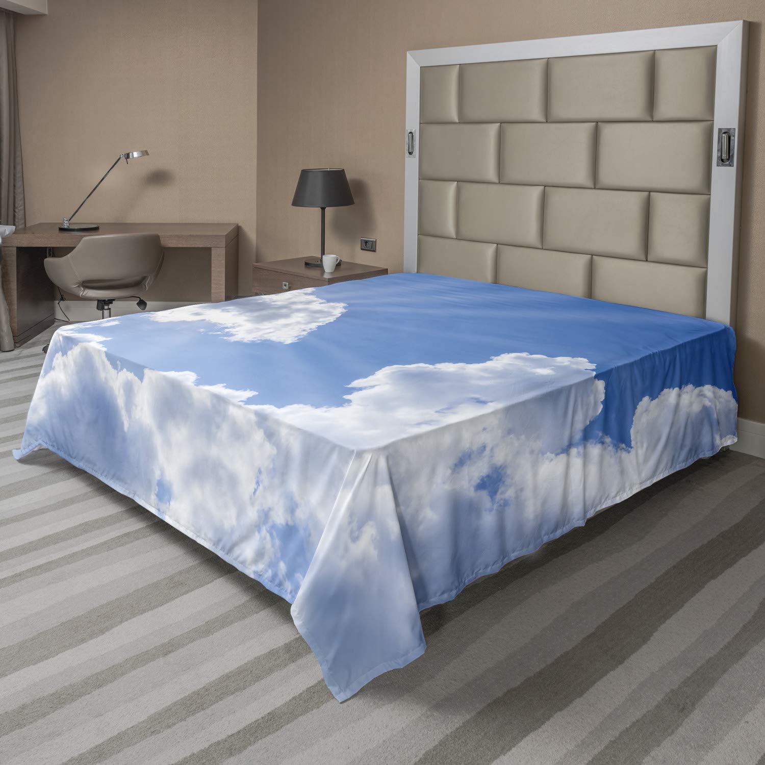 Ambesonne Landscape Flat Sheet, Sun Rays Breaking Through The Clouds Atmosphere Nature Scenery Picture, Soft Comfortable Top Sheet Decorative Bedding 1 Piece, California King, Blue White