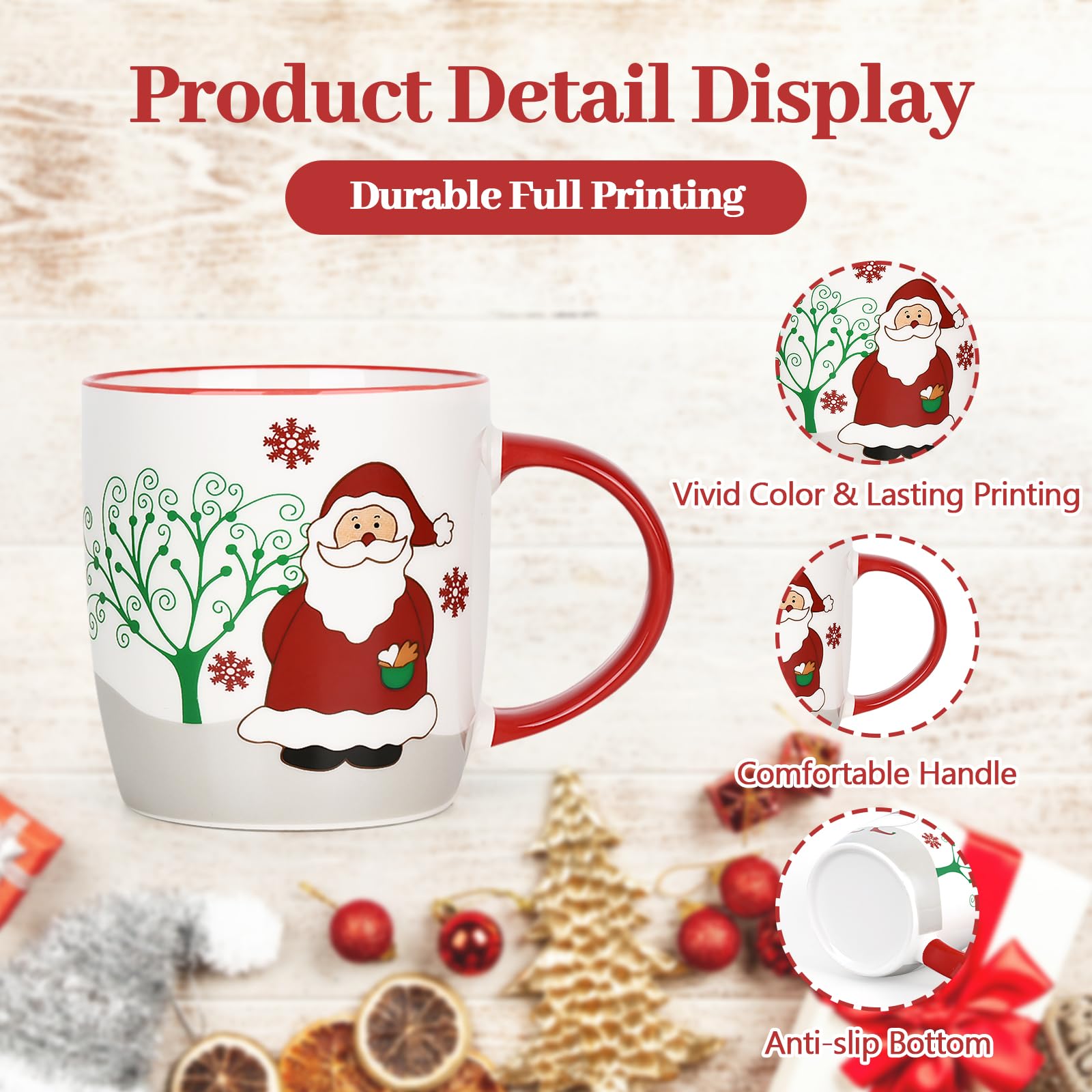 YHRJWN Lot de 4 tasses à café « Merry Christmas » avec renne, Père Noël, bonhomme de neige, pingouin, cadeaux de Noël pour la famille et les amis, 325 ml