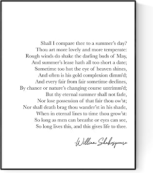 Shall I Compare Thee To A Summers Day | Sonnet 18 | Poem | William Shakespeare Quote | Literary Home Decor | Living Room | Typography Art Print 8x10