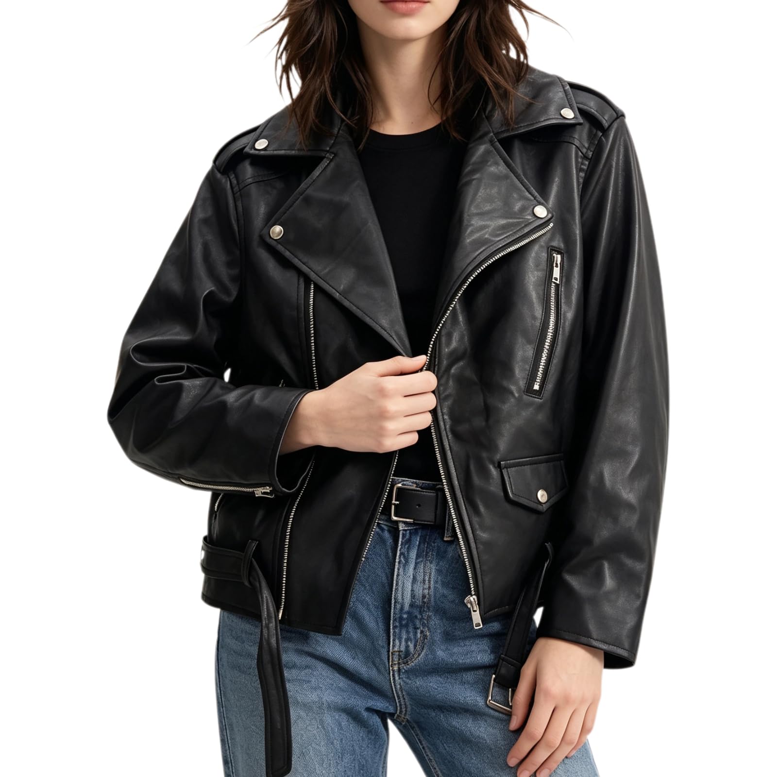 Pinbuton Kunstlederjacke Damen Bikerjacke Übergangsjacke Schwarz | Weiches Lederimitatjacke, tailliert, verstellbarer Gürtel, leicht & vielseitig – ideal für Motorrad, Alltag & Freizeit