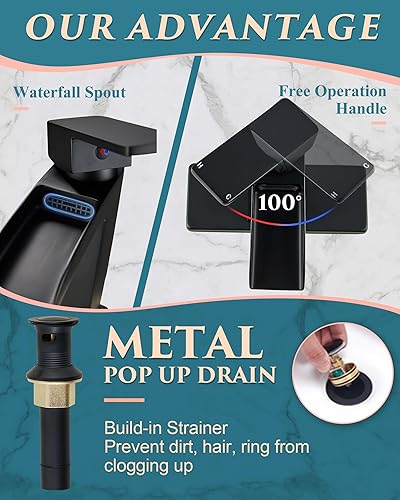 Miniatura 4 de Grifo de baño de cascada negro mate, grifo de fregadero de acero inoxidable de un solo orificio con drenaje desplegable de metal, instalación rápida