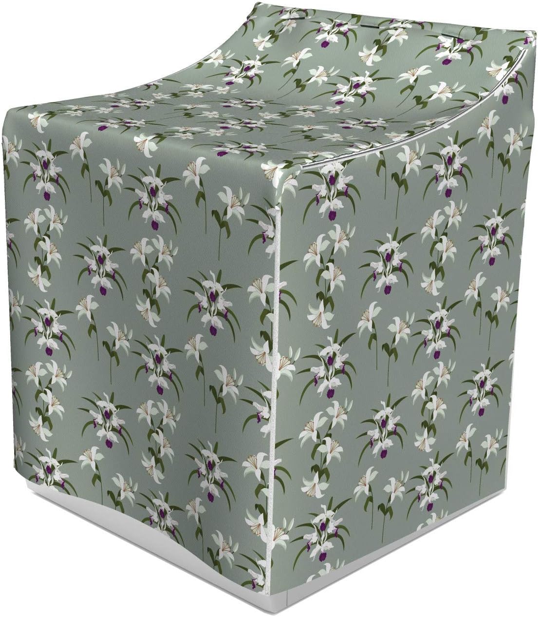 Ambesonne Floral Cover for Washer and Dryer, Lily Blossoms Branches Flourishing Spring Bouquets Fragrance Petals, Easy Use Bathroom Laundry Decor Accent, 29" x 28" x 40", Purple Pale Sage Green