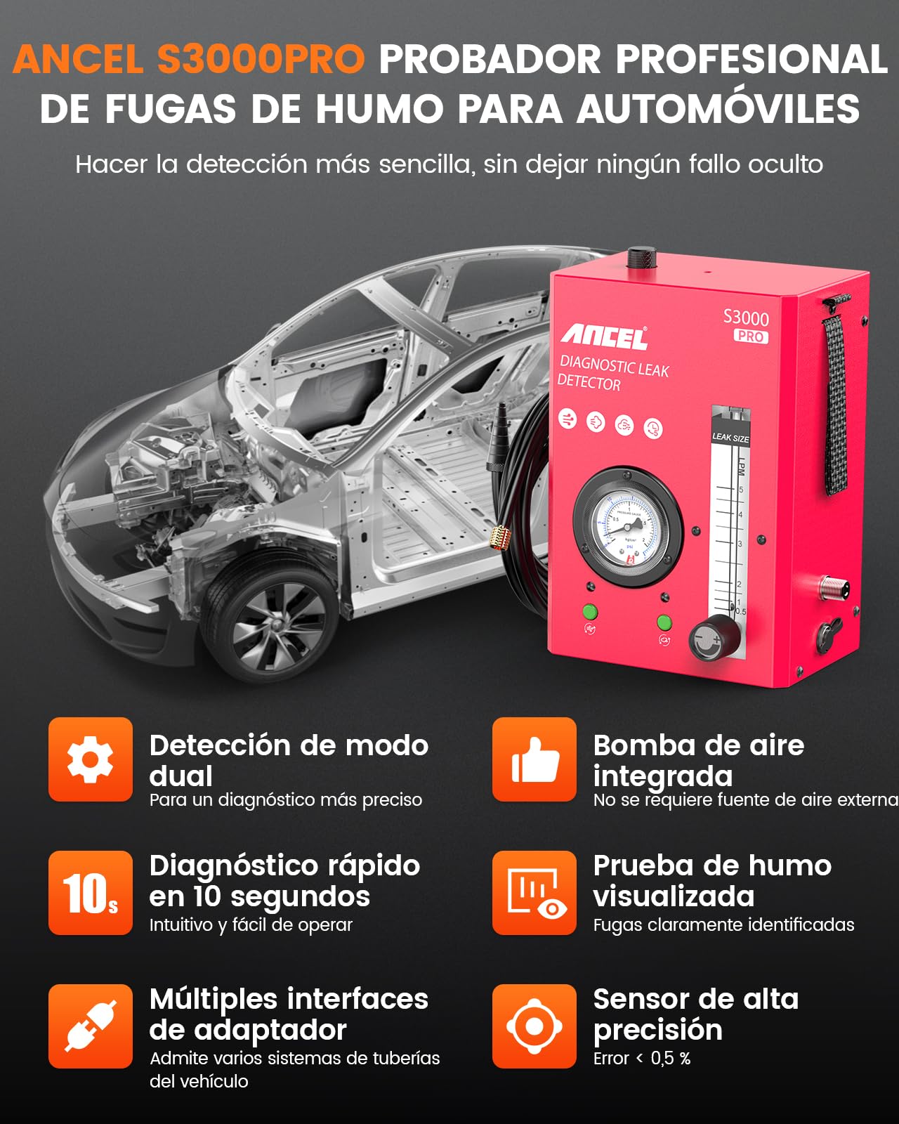 ANCEL S3000PRO Probador de Fugas de Coche con Bomba de Aire Incorporada y Manómetro, Detector De Prueba De Fugas del Sistema De Combustible Coche 12V, Maquina Prueba Fugas Humo para Vehiculos