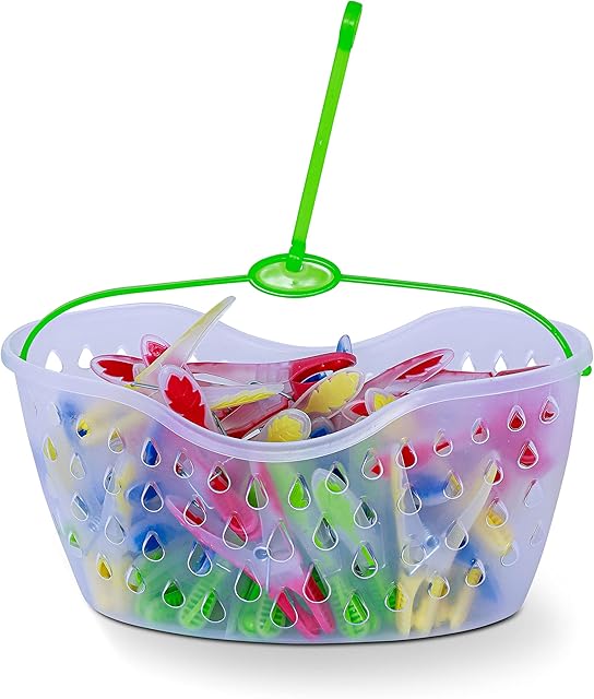 K-ONE 40 Pieces Pegs with Basket for Laundry Washing Line | Laundry Pegs for Strong Windproof Supplies Soft Rubber Grip Pegs| Strong Clothes Pegs (Multiple Colours)