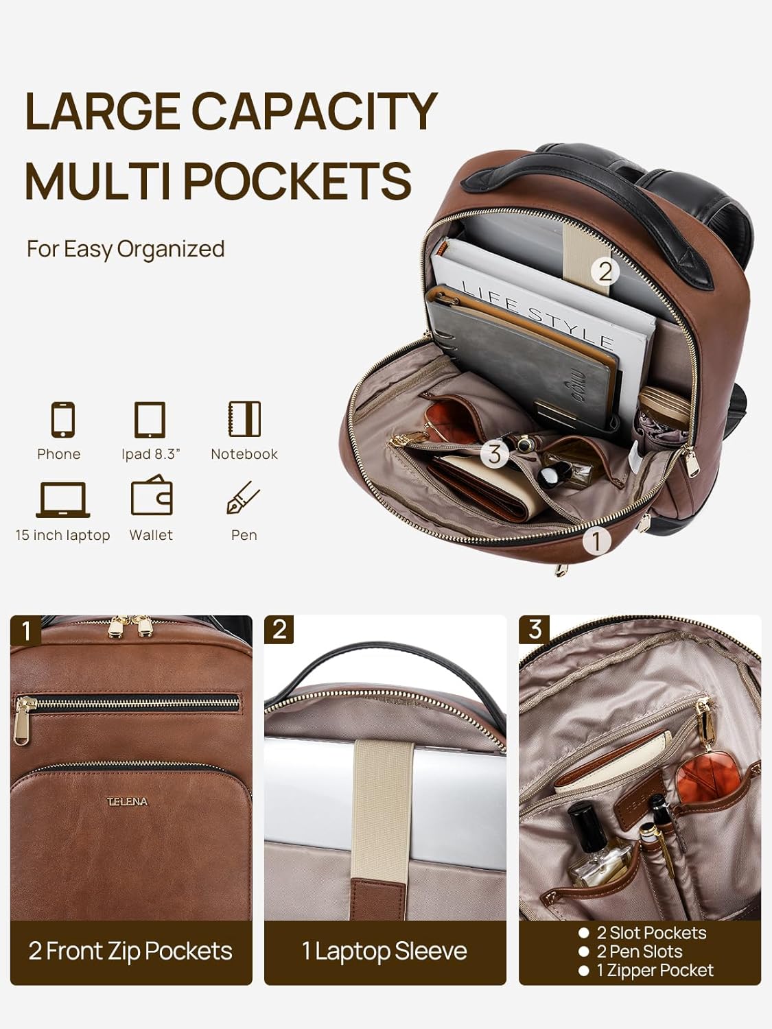 Telena Leather Laptop Backpack Women Men 15 inch Computer Bag Vintage Work Business for Teacher Nurse Black Brown