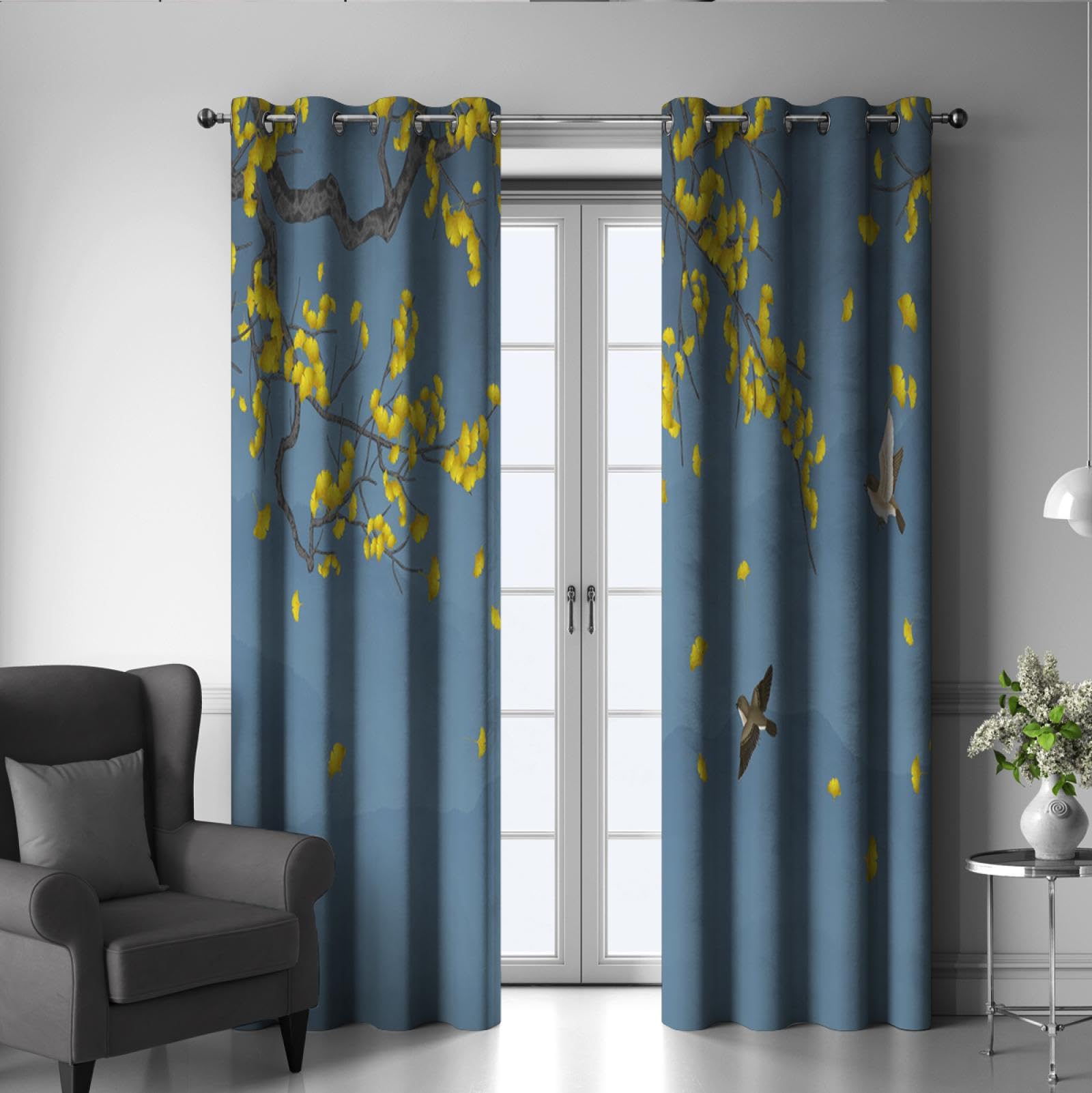 Healbrighting Mantovana Per Finestra Oscurante Con Motivo Floreale Blu E Giallo. Tasca Per Asta, 132 X 45,7 Cm. Perfetta Per Cucina E Camera.